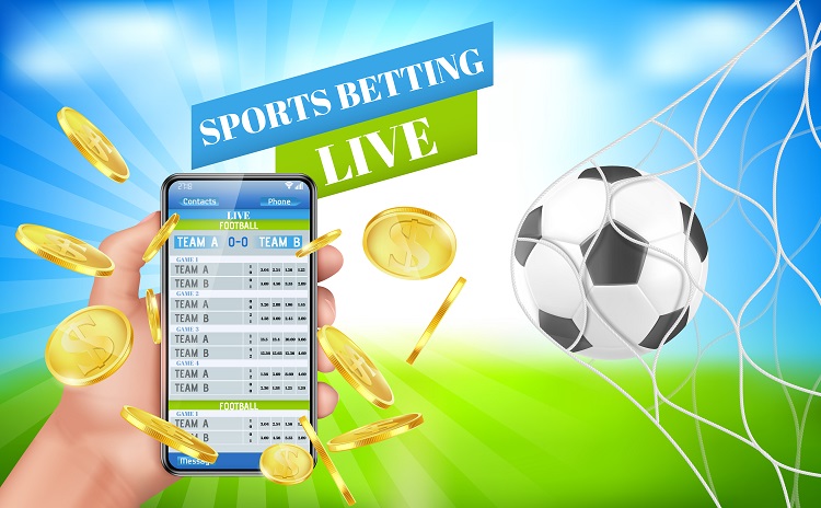 Smartphone with betting options, a goal being scored and a sports betting banner live